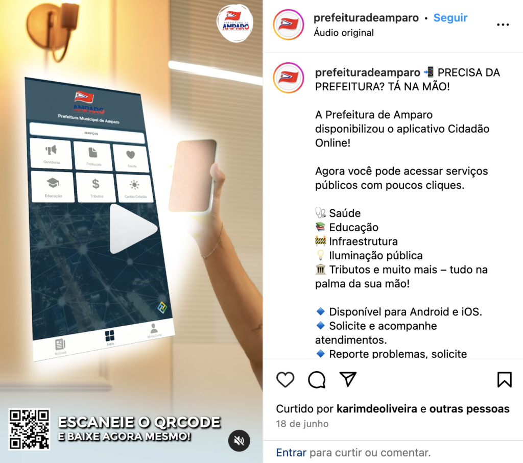 Veiculação de notícia acerca da disponibilização do app Cidadão Online nas redes sociais da prefeitura de Amparo